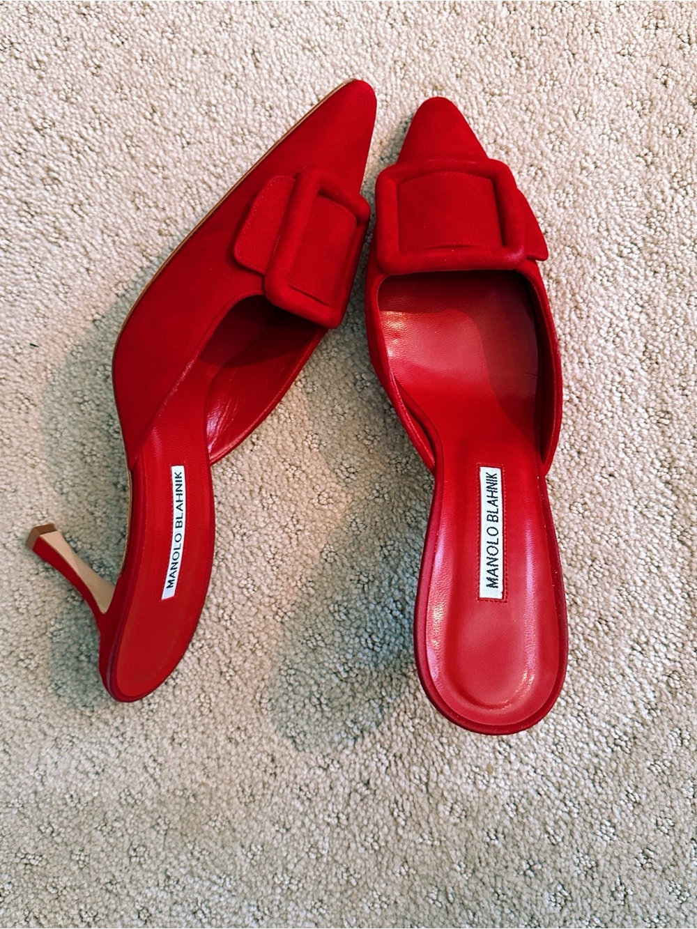 Manolo Blahnik Red Suede Pointed-Toe Buckle Mules - Picture 2 of 7